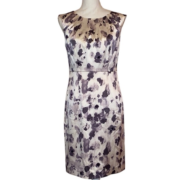 Ann Taylor Printed Sheath Silk Dress with Pleated Neckline in GRY/PUR/WHT Size 4 - Picture 1 of 6